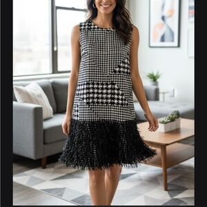 Dkny Black and White Houndstooth Fringe Dress NWT Size M